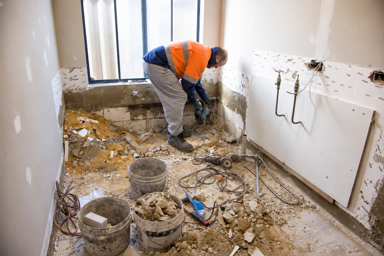 Plumber working during a full bathroom renovation